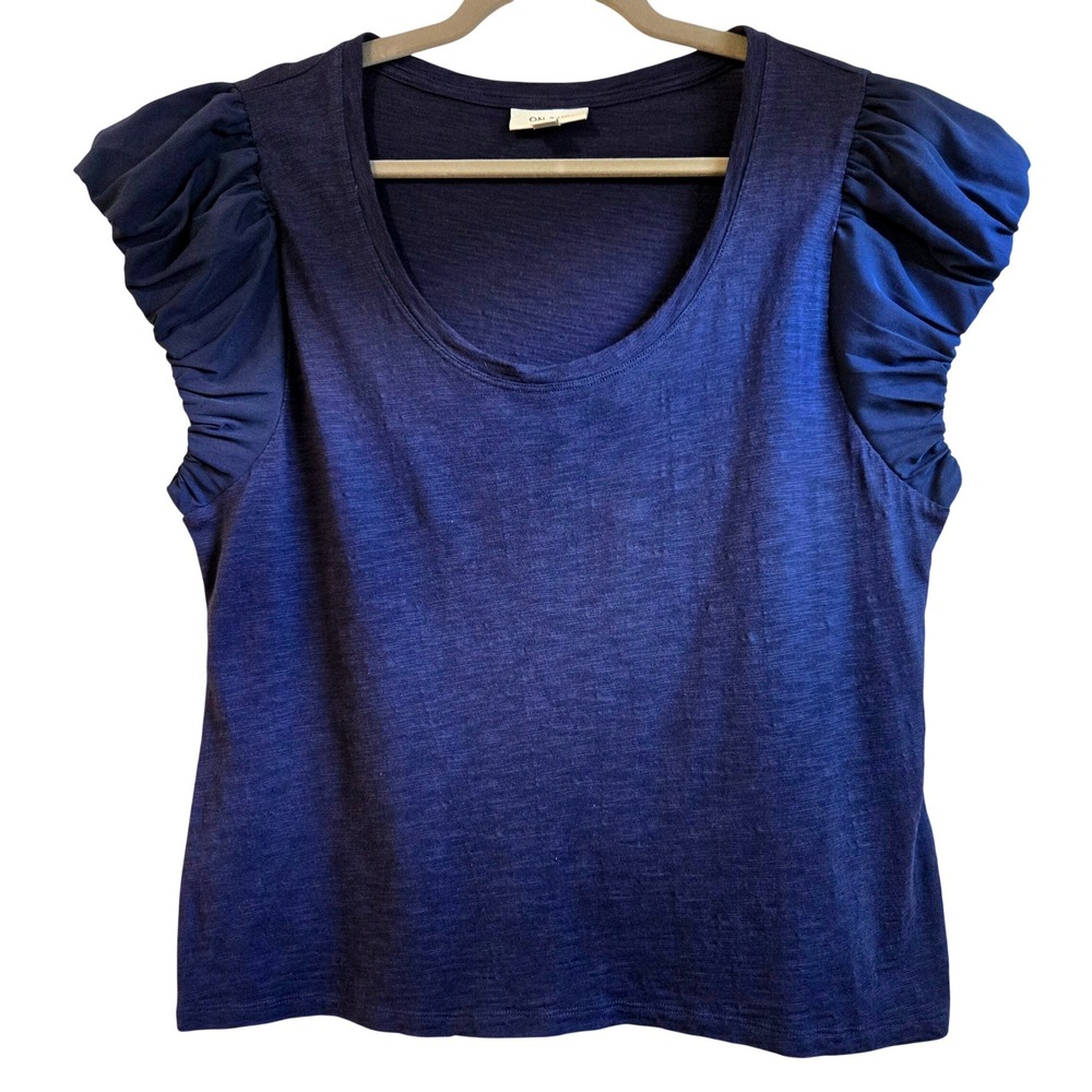 ON 34TH Womens XXL Chic Navy Blue Puffed Sleeve Scoop Neck Cotton Modal Knit Top